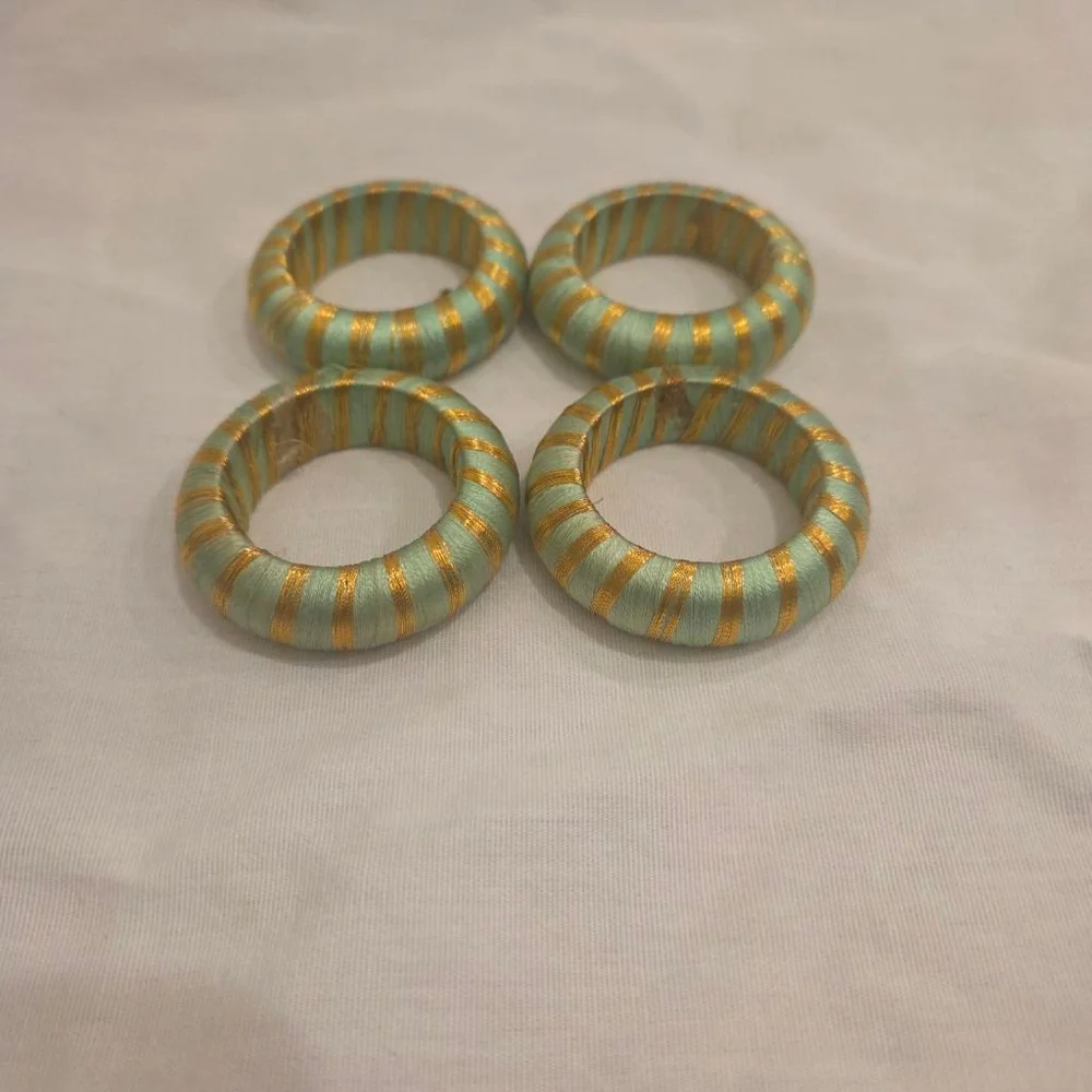 Light Green Gold Striped Napkin Rings Set of 4